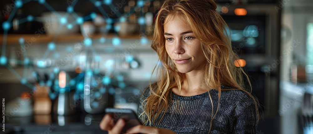 Poster concept of internet of things: a young woman controls her kitchen appliances with her smartphone. gr