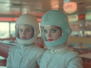 cinematic shot of an alien couple with retro sci-fi helmets in a road diner, afternoon