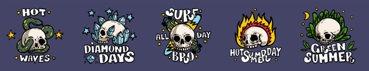 Vintage skull. Skeleton surf beach design. Print for T-shirt. Summer drink and wave stickers for retro grunge surfer. Human bones. Head with snake and diamonds. Vector graphic patches set