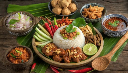 Appetizing Image of Nasi Tutug Oncom - Traditional Sundanese Meal Highlighting Fermented Soybean Rice, Fried Chicken, Tempeh, Tofu, and More - Optimized for Textures, Colors, and Flavors in Sundanese 