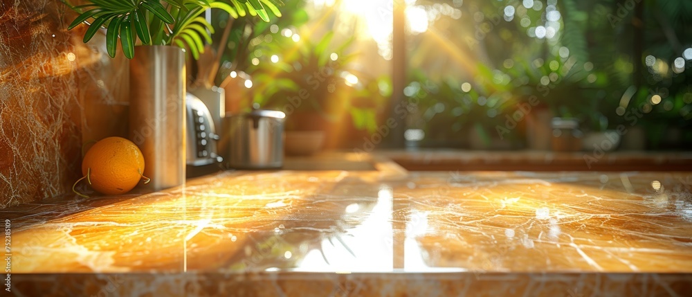 Sticker An island kitchen with marble countertops against a blurred background of appliances and utensils by a window with a green plant.