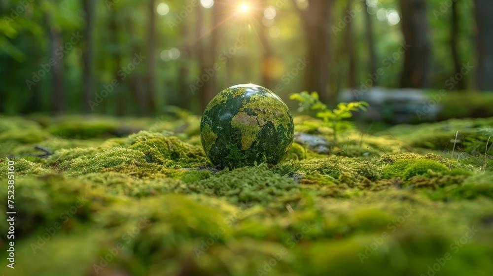 Poster environment - green globe in forest with moss and defocused abstract sunlight on earth day