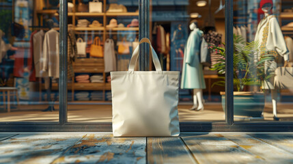 A Blank tote bag, prominently displayed in front of a boutique.The tote bag is positioned to capture the viewer attention serving as an ideal mockup template
