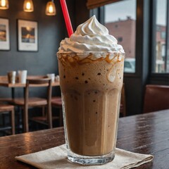 Photo of iced coffee, close-up of restaurant menu drink