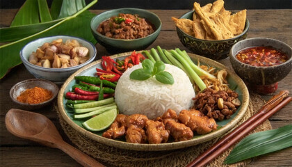 Appetizing Image of Nasi Tutug Oncom - Traditional Sundanese Meal Highlighting Fermented Soybean Rice, Fried Chicken, Tempeh, Tofu, and More - Optimized for Textures, Colors, and Flavors in Sundanese  - obrazy, fototapety, plakaty
