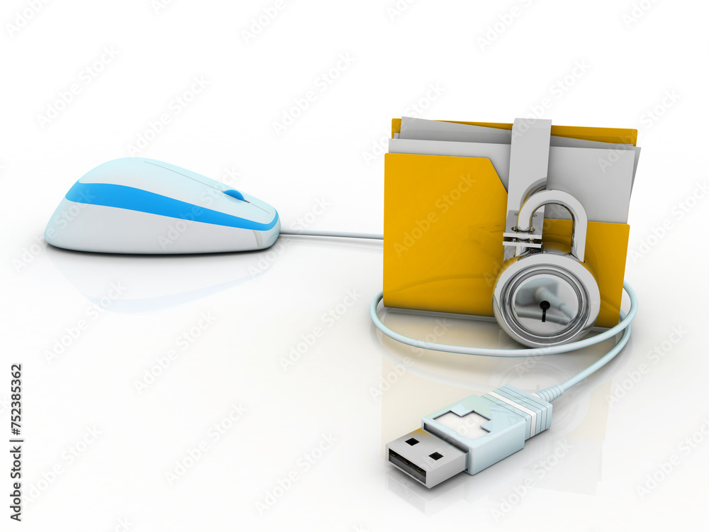 Poster 3d rendering yellow folder protection lock connected mouse . data security concept