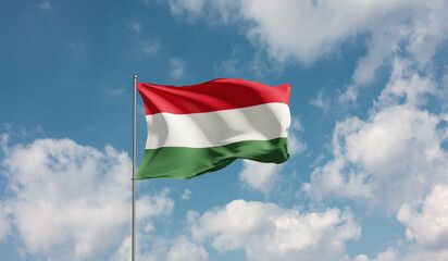 Flag Hungary against cloudy sky. Country, nation, union, banner, government, Hungarian culture, politics. 3D illustration