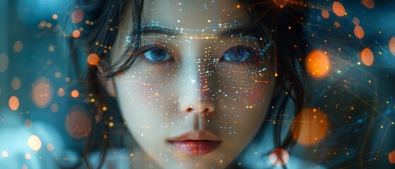 Keeping up to date with technology in a fast-moving world. A young asian woman shows off her phone data and functions with holographic displays around her. - obrazy, fototapety, plakaty