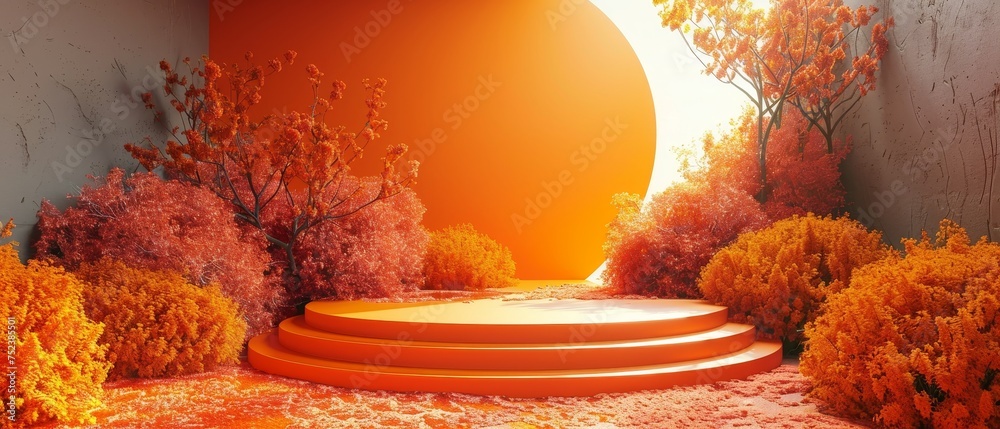 Poster halloween podium with abstract background in orange, 3d rendering geometric shape, stage for awards 