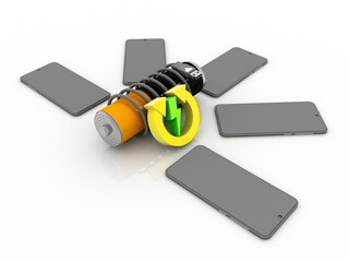 3d rendering renewable energy sign with battery around mobile phone