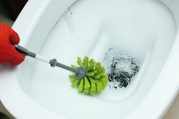 Brush up Toilet for cleanliness and hygiene. Cleaning toilet bowl using brush. Clean water flushes...