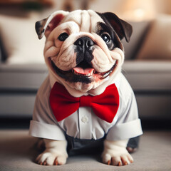 close up portrait of a happy smiling dog dressed elegantly with a red bow tie