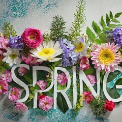 bouquet of flowers creating the word spring on a wooden background