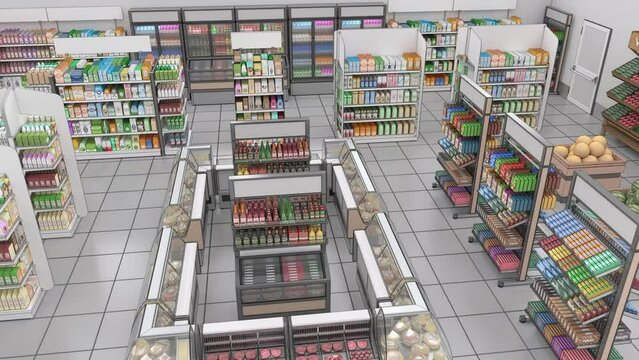 Flying over the supermarket mockup with shelves of goods. The colored goods and shop equipment gradually become blank. The supermarket mockup turns from color to black and white. 3d animation