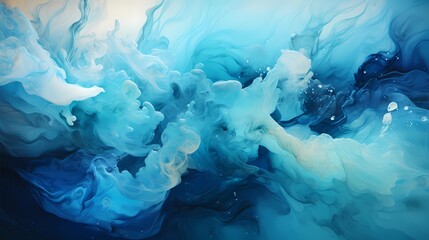 Celestial blue and oceanic turquoise liquids collide, creating an explosion of energy that fills the air with swirling abstract patterns. HD camera captures the intense collision with precision