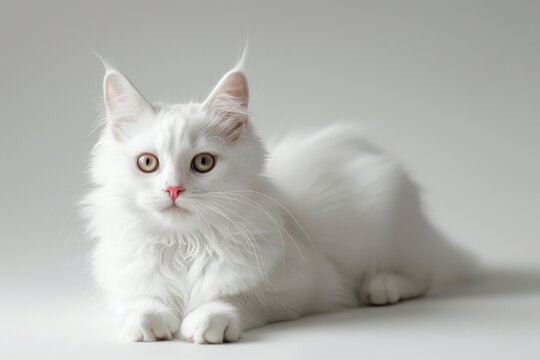 Portrait of beautiful white cat sitting isolated in professional studio setting with grey background, pet product advertisement, Generative AI