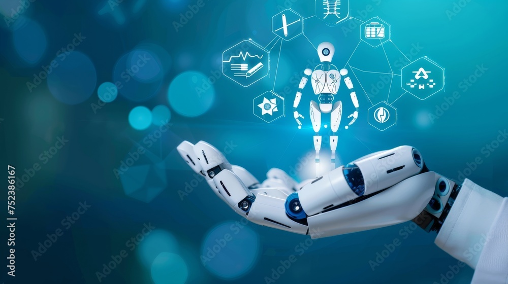 Aufkleber A robot hand with artificial intelligence for medical healthcare practices, with visual icons and blue banner background, that integrates human and artificial intelligence capabilities