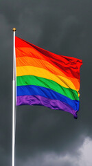 lgbt flag fluttering in the wind, against a cloudy gray sky, stop discrimination, vertical