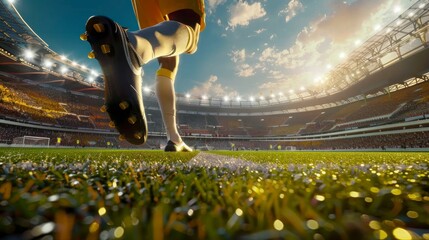 first-person view of the ball with a soccer player on a field in a stadium with an audience in a...