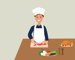 A male chef chops meat for cooking. Egg, chilli, onion, chicken meat. Flat vector illustration.