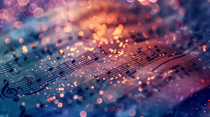 Old aged music score background with shimmering gold particles and twinkling lights and bokeh effect illuminated by neon purple and blue lights.