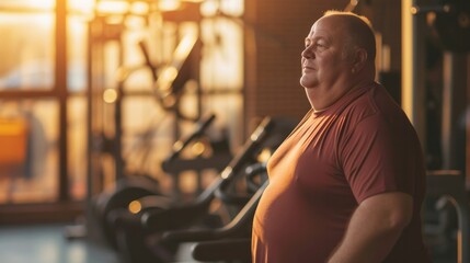 Obraz na płótnie Canvas An overweight mature elderly middle aged man stands in the gym preparing to play sports, the concept of an active life in old age, taking care of the body