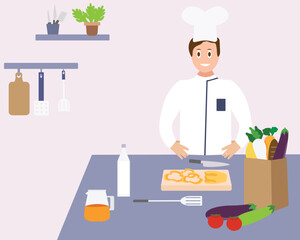 Male chef chopping vegetable for cooking. tomato, Capsicum, carrot, Cucumber. flat vector illustration.