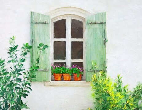 A whimsical window with green shutters and flowers on the windowsill. painted texture