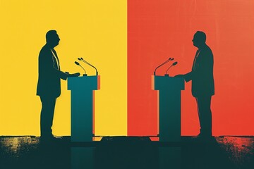 The Striking Dichotomy of Political Debates - Vibrant Yellow and Red Illustration for Political Themes - obrazy, fototapety, plakaty