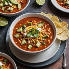 Photo of Tortilla Soup, close-up of restaurant menu dish