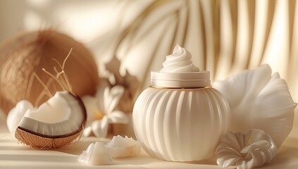 An elegant scene with a cream container, coconut, and soft white tones evoking a peaceful atmosphere