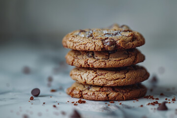 A mouthwatering stack of freshly baked chocolate chip cookies, arranged neatly on a table, homemade, food photography, Generative AI