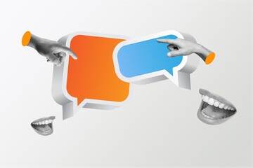 Collage picture of arms hold dialogue bubble