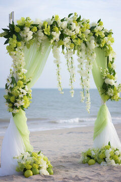 Wedding arch adorned with fresh lime green florals and drapery сreated with Generative Ai