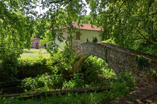 View of a traditional stone bridge at the village of Ano Karyofyto in Thrace, Greece