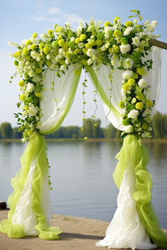 Wedding arch adorned with fresh lime green florals and drapery сreated with Generative Ai