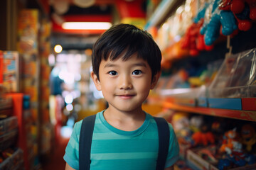 Happy adorable baby child buying toys at store generative AI