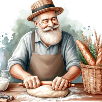 An old man with a white beard and a hat kneads dough, watercolor illustration.