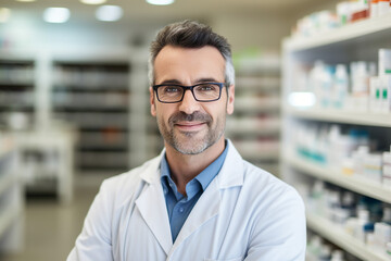 Smiling cheerful confident pharmacist in drugstore store shop Generative AI
