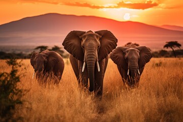 Majestic herd of elephants walking across dry grass field during stunning sunset - obrazy, fototapety, plakaty