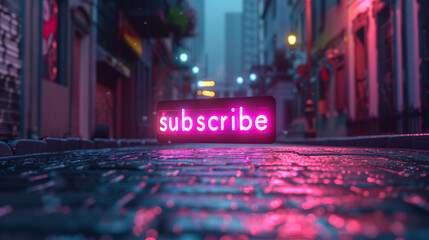 Neon Sign with Glowing Text "Subscribe" on Urban Street Background - Newsletter and Subscription Concept.
