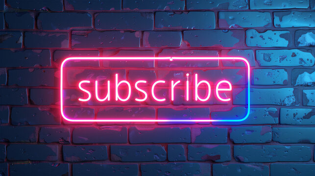 Pink Neon Sign with Glowing Text "Subscribe" on Brick Wall Background, Nostalgic 90s Vibe Newsletter and Subscription Concept, Y2K & Retro Aesthetics.