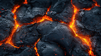 Close-up of molten lava cracks glowing intensely. The concept of the raw power of natural geological processes.