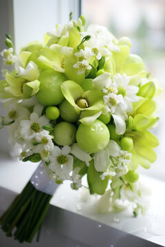 Close-up of the bride's bouquet featuring vibrant lime green flowers сreated with Generative Ai