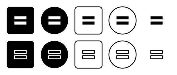 Icon set of equals symbol. Filled, outline, black and white icons set, flat style.  Vector illustration on white background