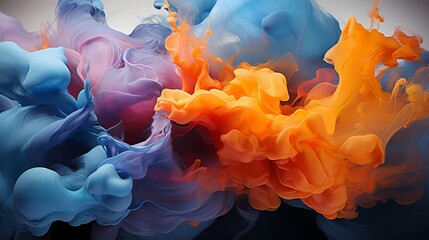 Cobalt blue and tangerine liquids clash, creating a dazzling explosion of energy that paints the air with mesmerizing abstract patterns. HD camera captures the intense collision with precision