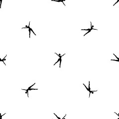 Seamless pattern of repeated black dancing girl symbols. Elements are evenly spaced and some are rotated. Vector illustration on white background