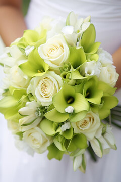 Close-up of the bride's bouquet featuring vibrant lime green flowers сreated with Generative Ai