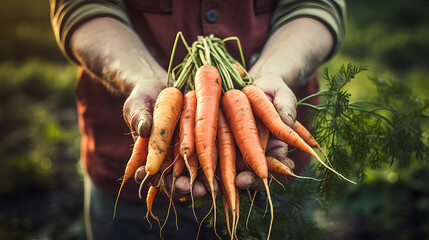 Farmer's hands holding vegetables beets and carrots against the background of a blurred field. - obrazy, fototapety, plakaty