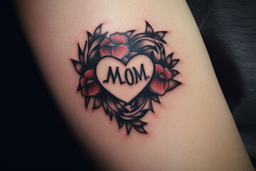 Red heart shaped tattoo with flowers with text 'MOM' on person's arm - obrazy, fototapety, plakaty